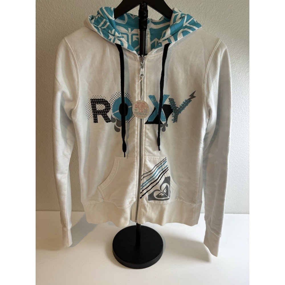 Roxy Reversible Zip Hoodie Womens Medium White Blue Graphic Surf Y2K Jacket